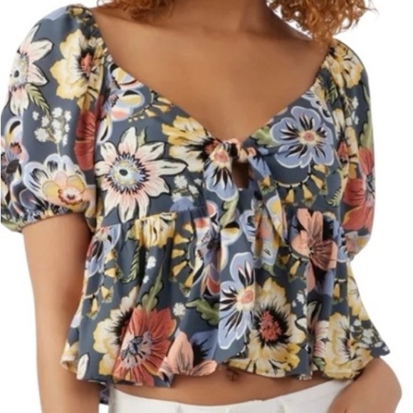 O'Neill Tops - O'Neill Navy Floral Puff Sleeve Blouse